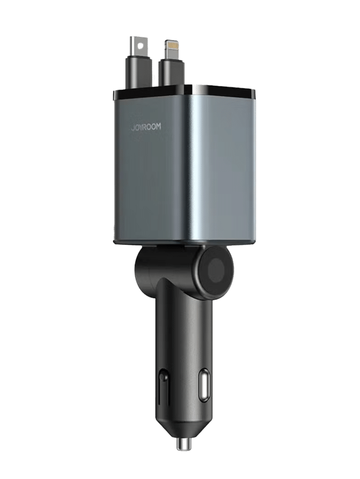 ⁦Car Charger 4-in-1 Adapter with Collapsible Lightning & Type-C & Type A Cables⁩ - الصورة ⁦2⁩