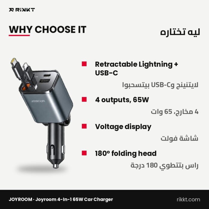 JOYROOM 4-in-1 65W Car Charger with Retractable Lightning & USB-C Cables - Image 2
